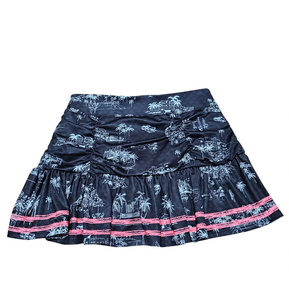 Lucky in‎ Love Tennis Skort Women S Black Tropical Toile Ruched Ruffle